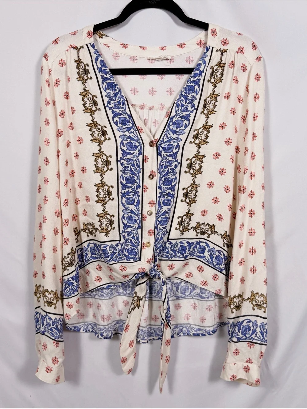 Mystree Boho Tie Front Blouse Sz L Ivory Blue Border Print Peasant Top